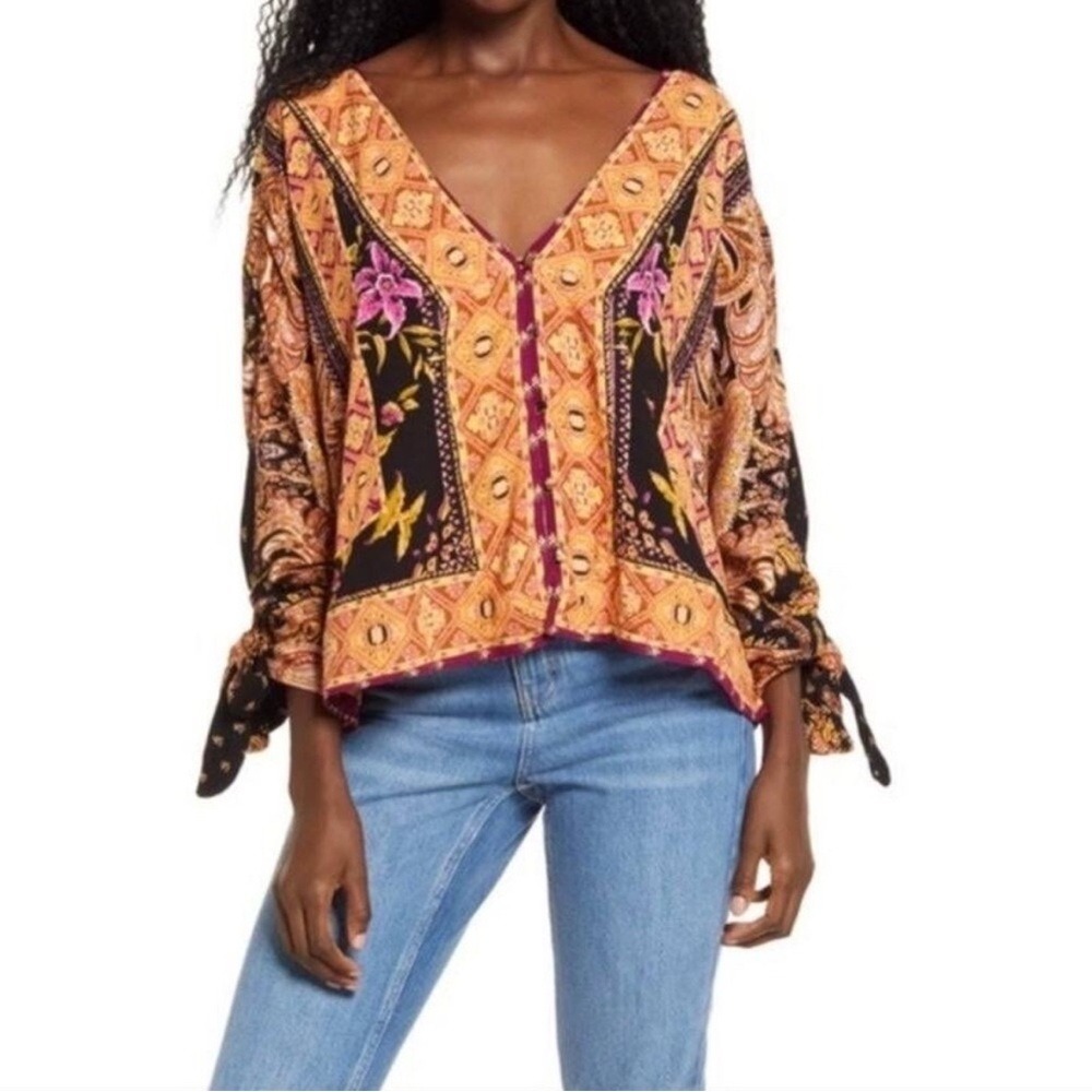 Free People Catch Me If You Can Blouse Womens XS Orange Black Boho Dainty Hippie